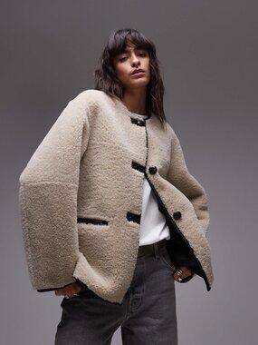 MANGO contrast detail collarless faux shearling jacket in ecru-Neutral